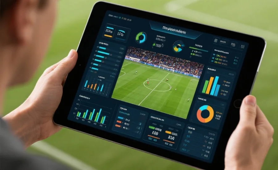 用户在平板电脑上浏览一场激烈足球比赛的实时数据可视化界面，屏幕上有各种统计图表和分析结果