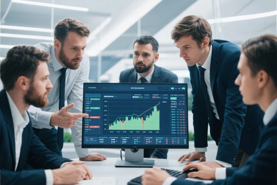 一群专业体育分析师正在讨论赛事数据，电脑屏幕上显示着详细的比赛统计图表，环境现代明亮